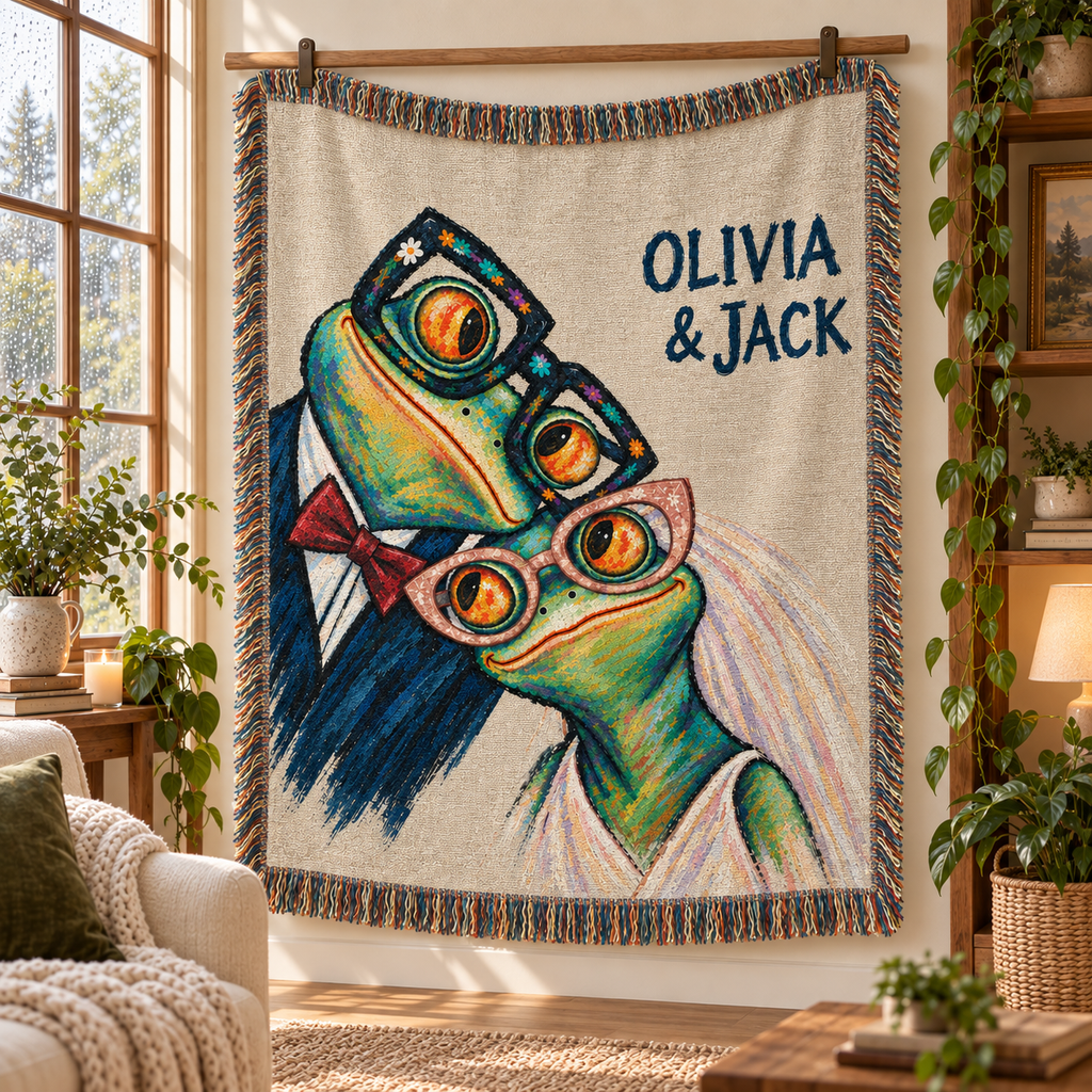 Personalized Sunday Best Frog Couple Woven Blanket
