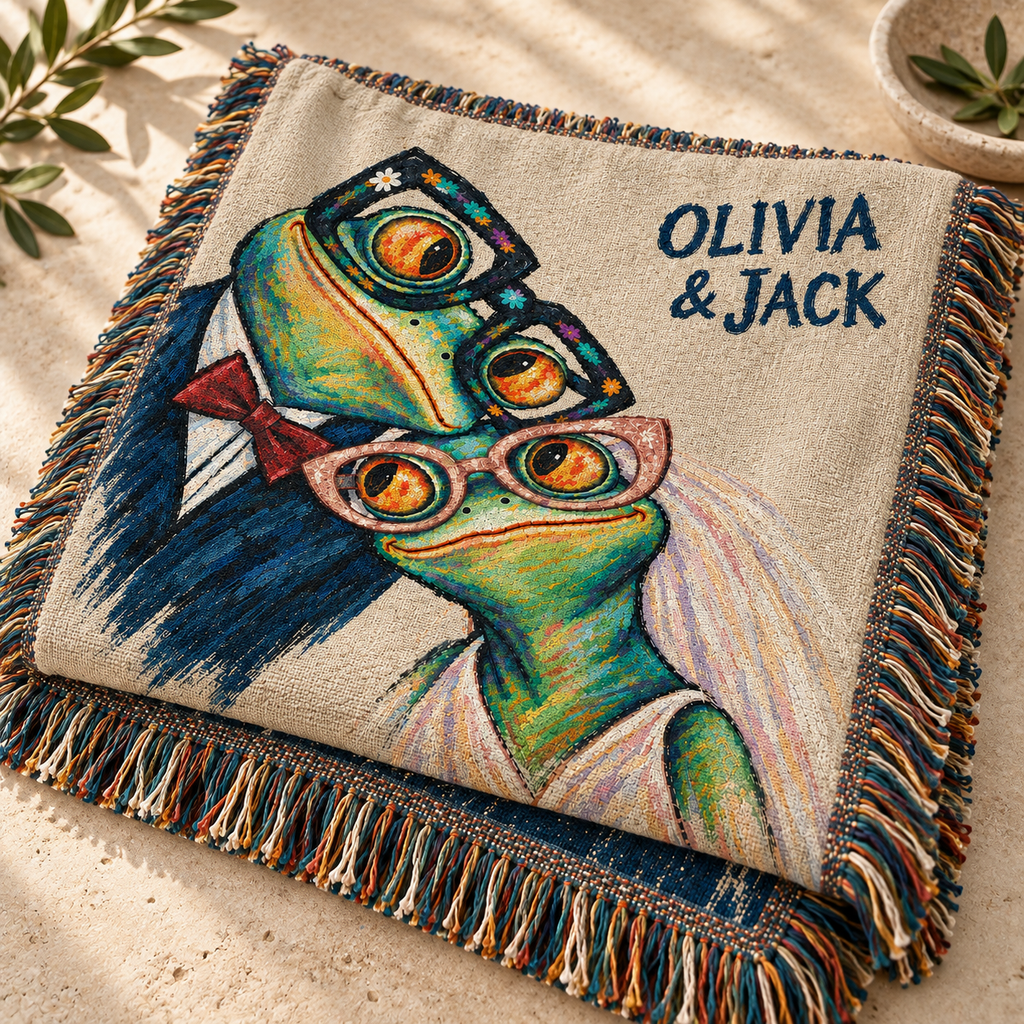 Personalized Sunday Best Frog Couple Woven Blanket