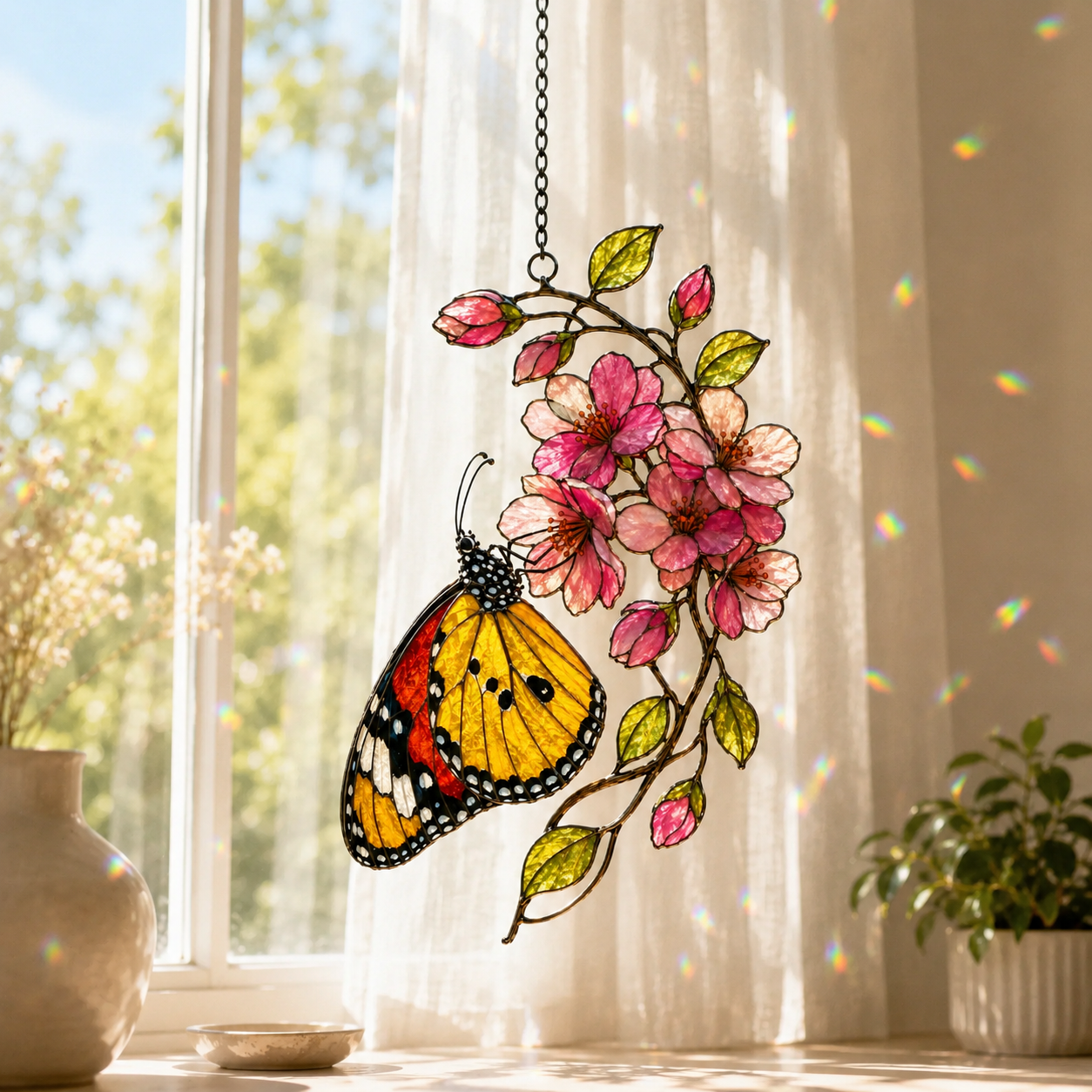 Monarch Butterfly & Pink Cherry Blossom Holographic Acrylic Suncatcher