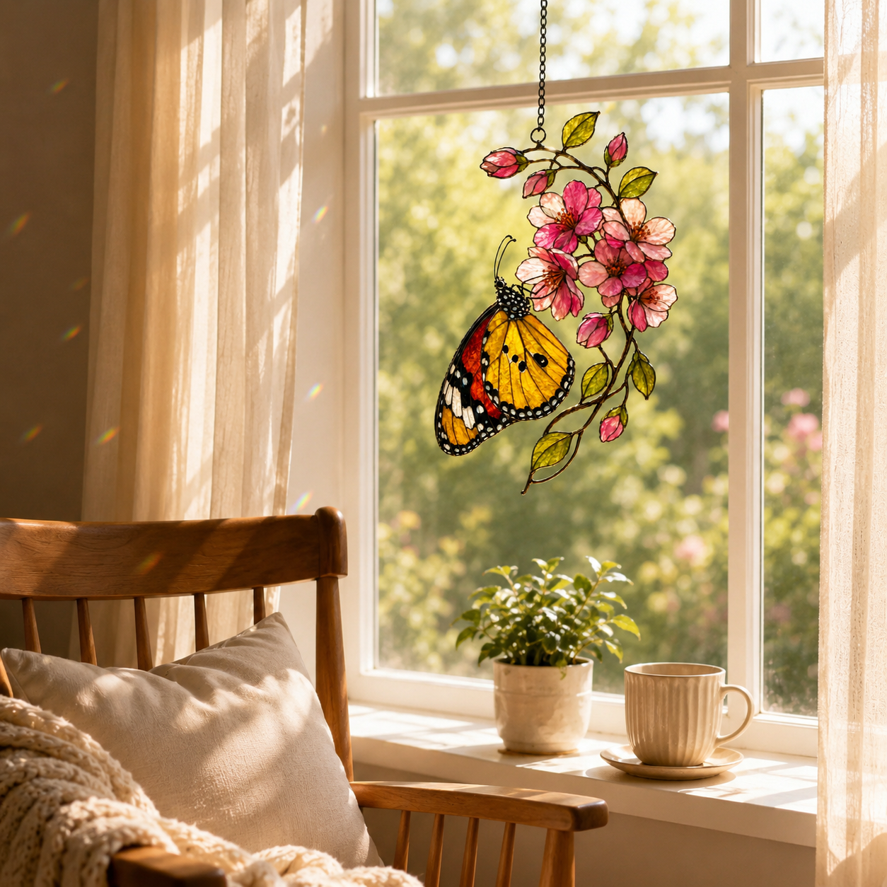 Monarch Butterfly & Pink Cherry Blossom Holographic Acrylic Suncatcher