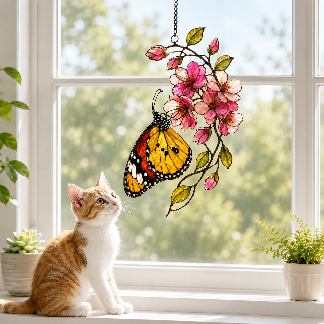 Monarch Butterfly & Pink Cherry Blossom Holographic Acrylic Suncatcher