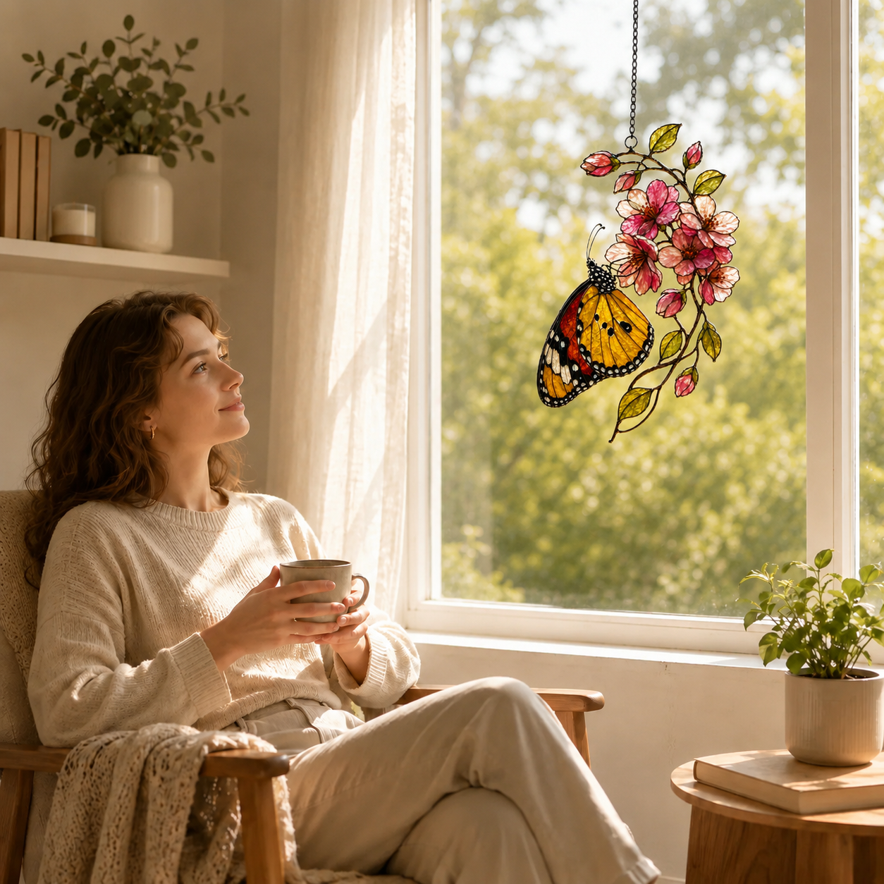 Monarch Butterfly & Pink Cherry Blossom Holographic Acrylic Suncatcher