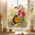 Monarch Butterfly & Pink Cherry Blossom Holographic Acrylic Suncatcher