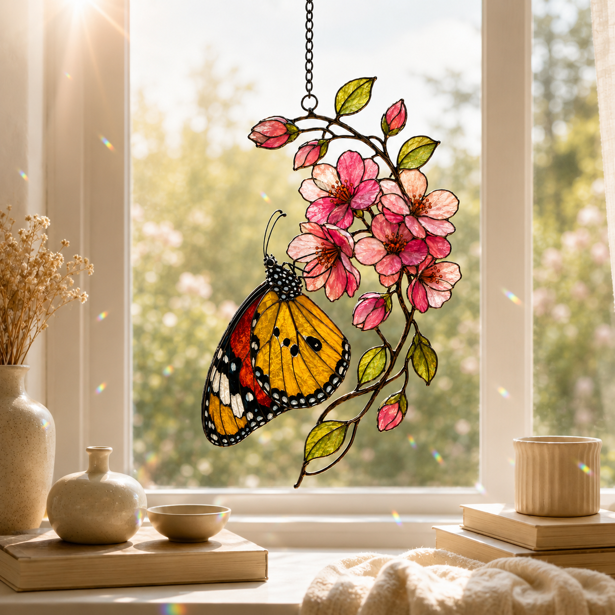 Monarch Butterfly & Pink Cherry Blossom Holographic Acrylic Suncatcher