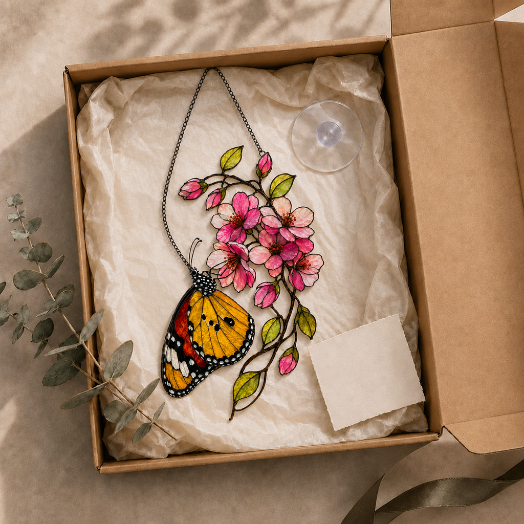 Monarch Butterfly & Pink Cherry Blossom Holographic Acrylic Suncatcher