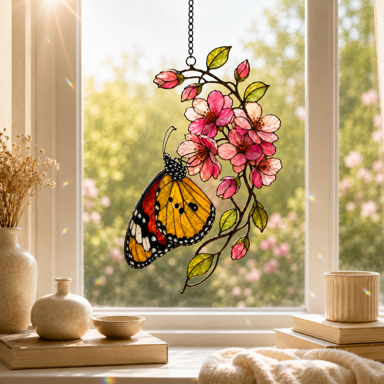 Monarch Butterfly & Pink Cherry Blossom Holographic Acrylic Suncatcher