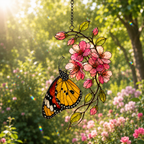 Monarch Butterfly & Pink Cherry Blossom Holographic Acrylic Suncatcher