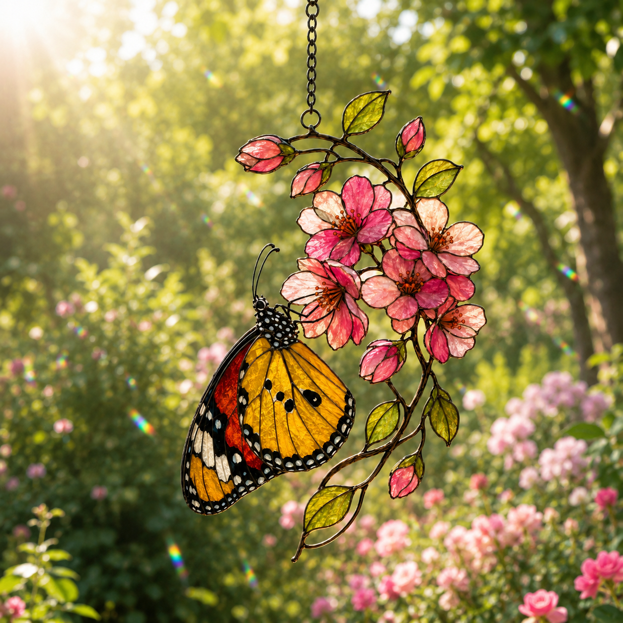 Monarch Butterfly & Pink Cherry Blossom Holographic Acrylic Suncatcher
