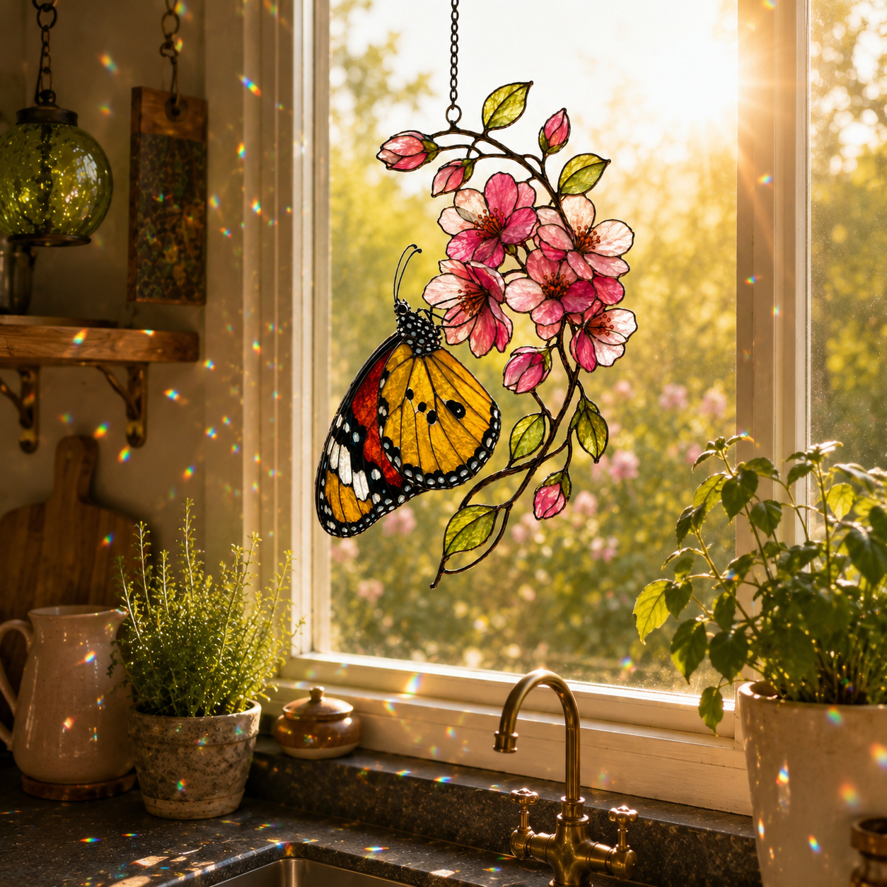 Monarch Butterfly & Pink Cherry Blossom Holographic Acrylic Suncatcher