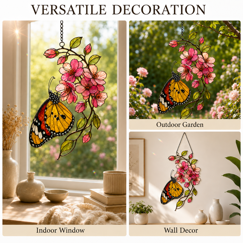 Monarch Butterfly & Pink Cherry Blossom Holographic Acrylic Suncatcher