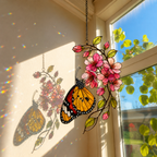 Monarch Butterfly & Pink Cherry Blossom Holographic Acrylic Suncatcher