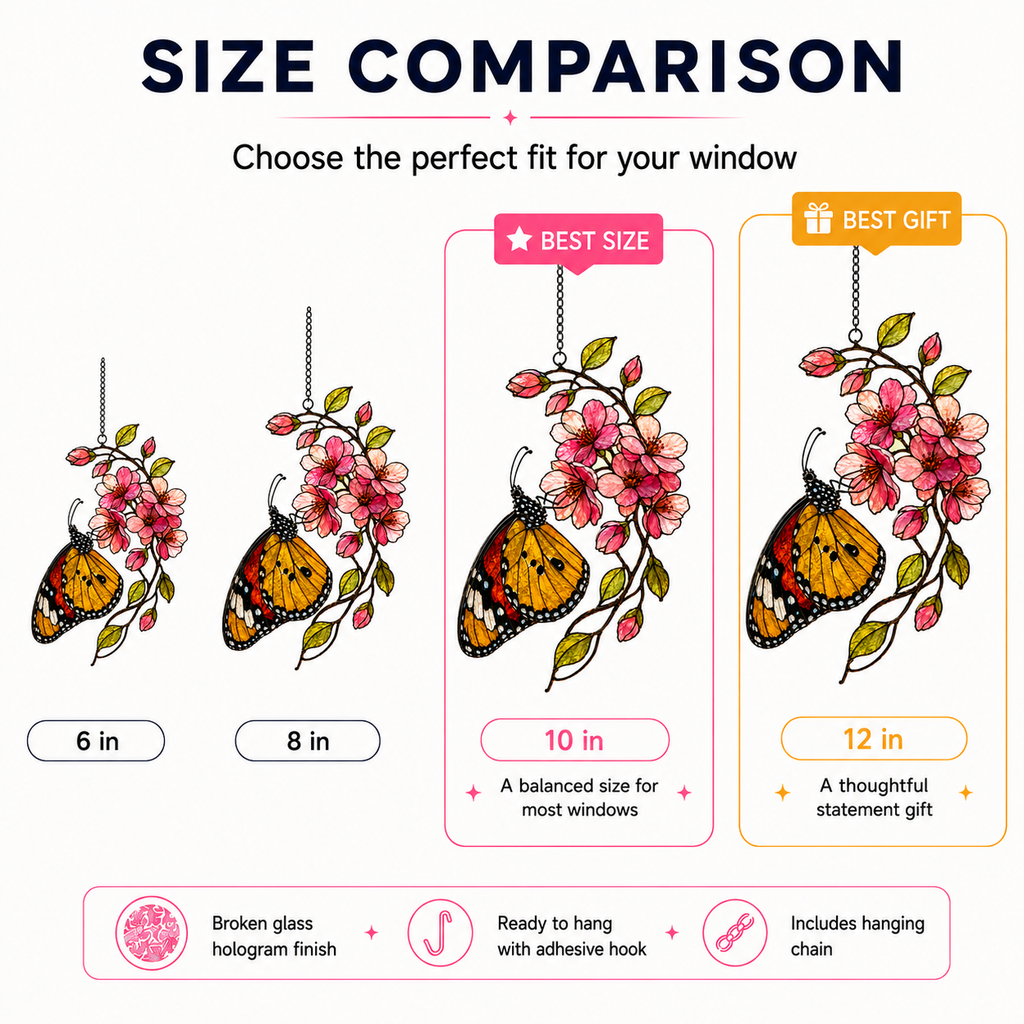 Monarch Butterfly & Pink Cherry Blossom Holographic Acrylic Suncatcher