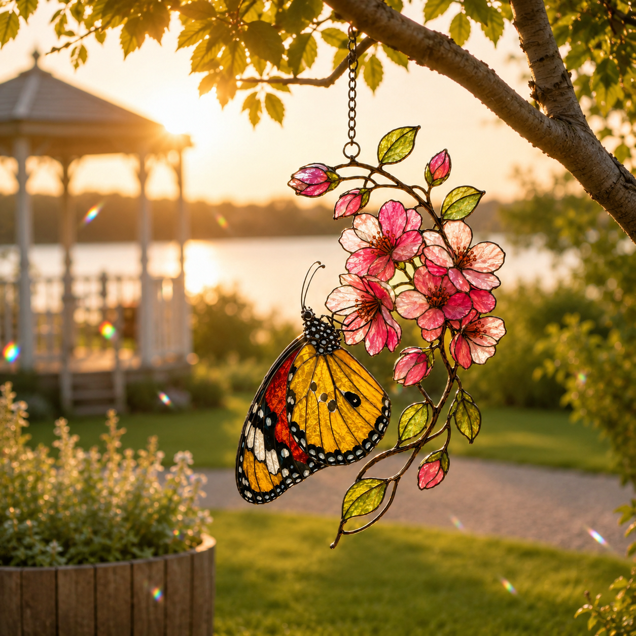 Monarch Butterfly & Pink Cherry Blossom Holographic Acrylic Suncatcher