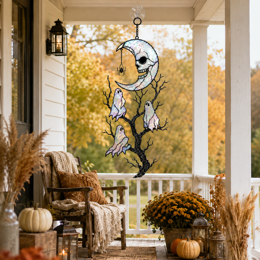 Skull Moon & Ghost Tree Holographic Acrylic Suncatcher