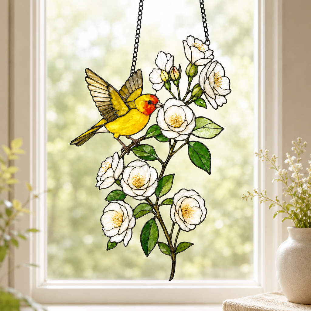 Western Tanager & White Roses Holographic Acrylic Suncatcher