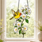 Western Tanager & White Roses Holographic Acrylic Suncatcher