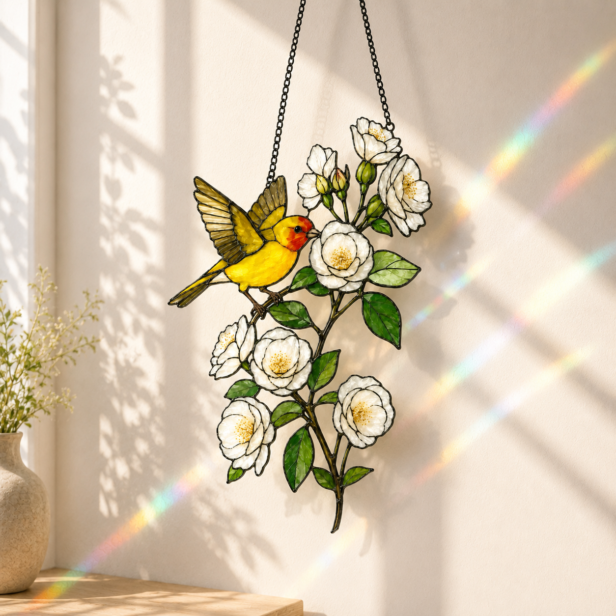 Western Tanager & White Roses Holographic Acrylic Suncatcher