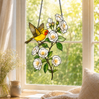 Western Tanager & White Roses Holographic Acrylic Suncatcher