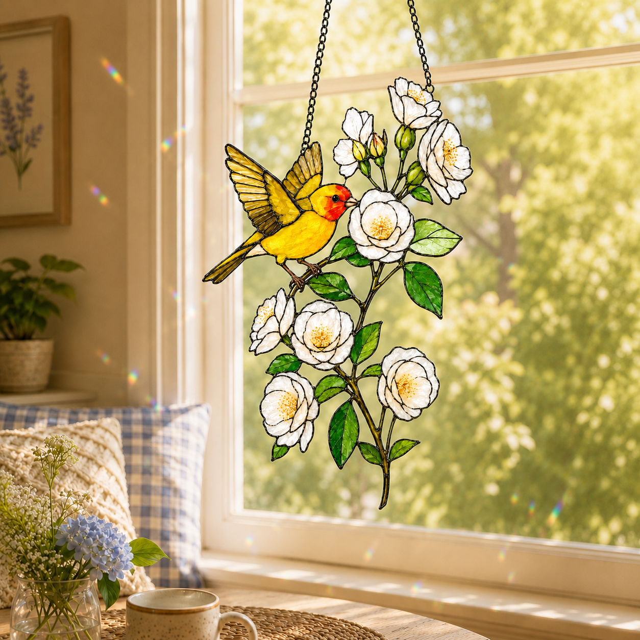 Western Tanager & White Roses Holographic Acrylic Suncatcher