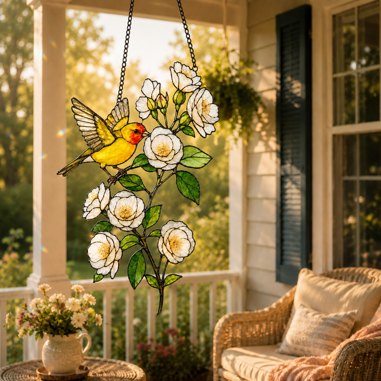 Western Tanager & White Roses Holographic Acrylic Suncatcher
