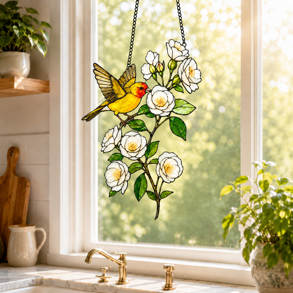 Western Tanager & White Roses Holographic Acrylic Suncatcher