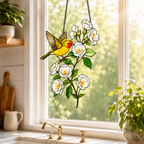 Western Tanager & White Roses Holographic Acrylic Suncatcher