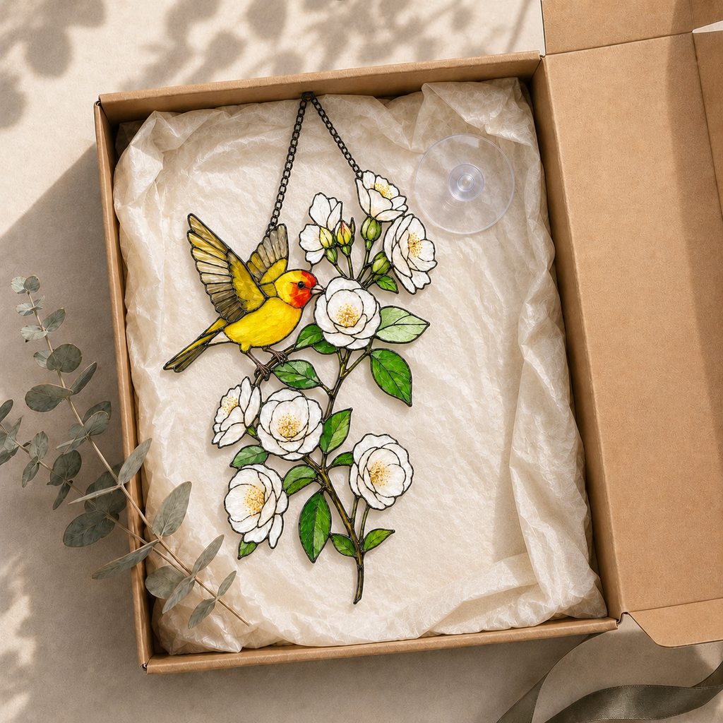Western Tanager & White Roses Holographic Acrylic Suncatcher