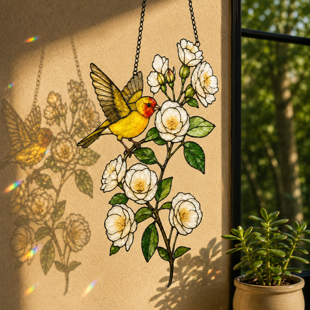 Western Tanager & White Roses Holographic Acrylic Suncatcher