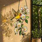 Western Tanager & White Roses Holographic Acrylic Suncatcher