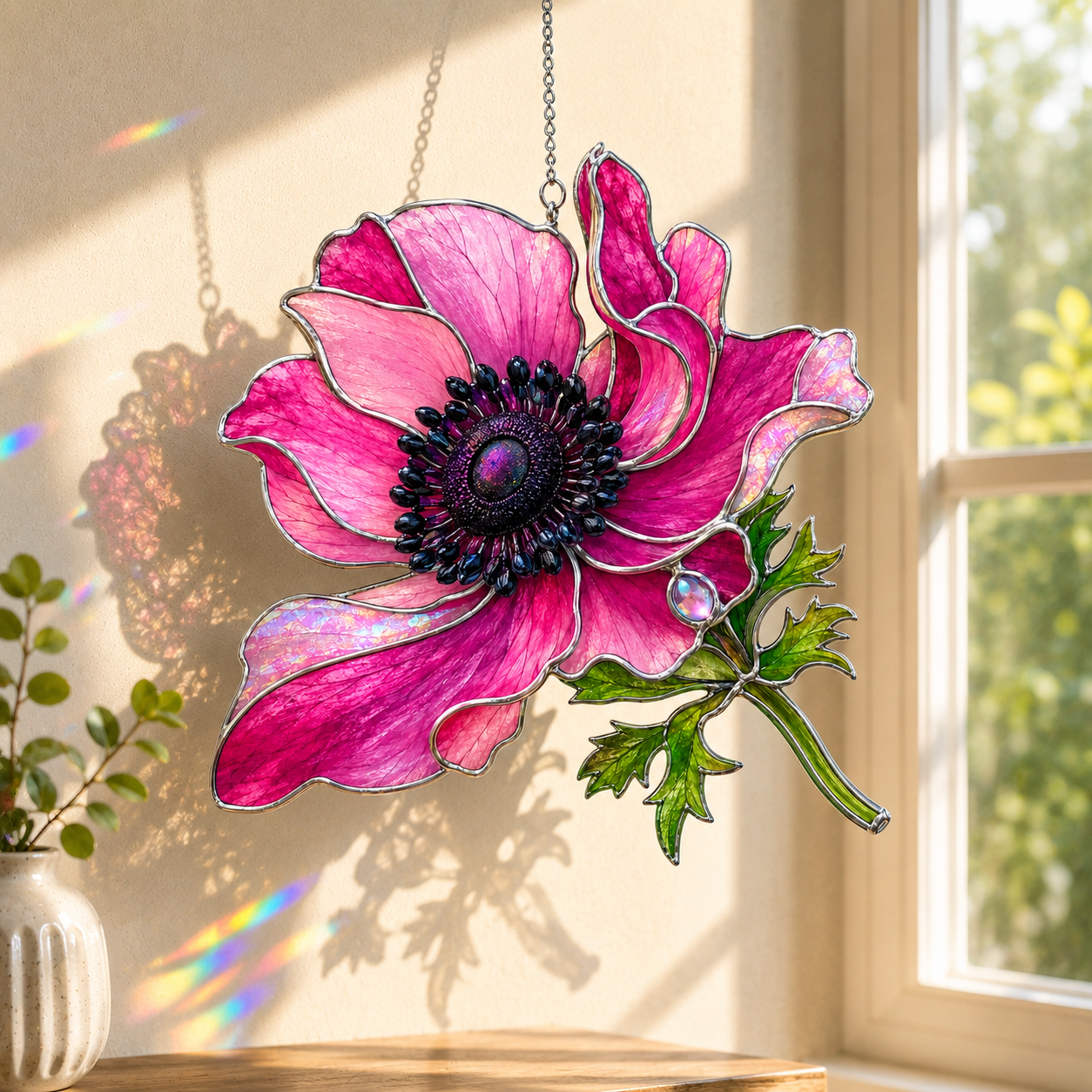 Pink Anemone Flower Holographic Acrylic Suncatcher