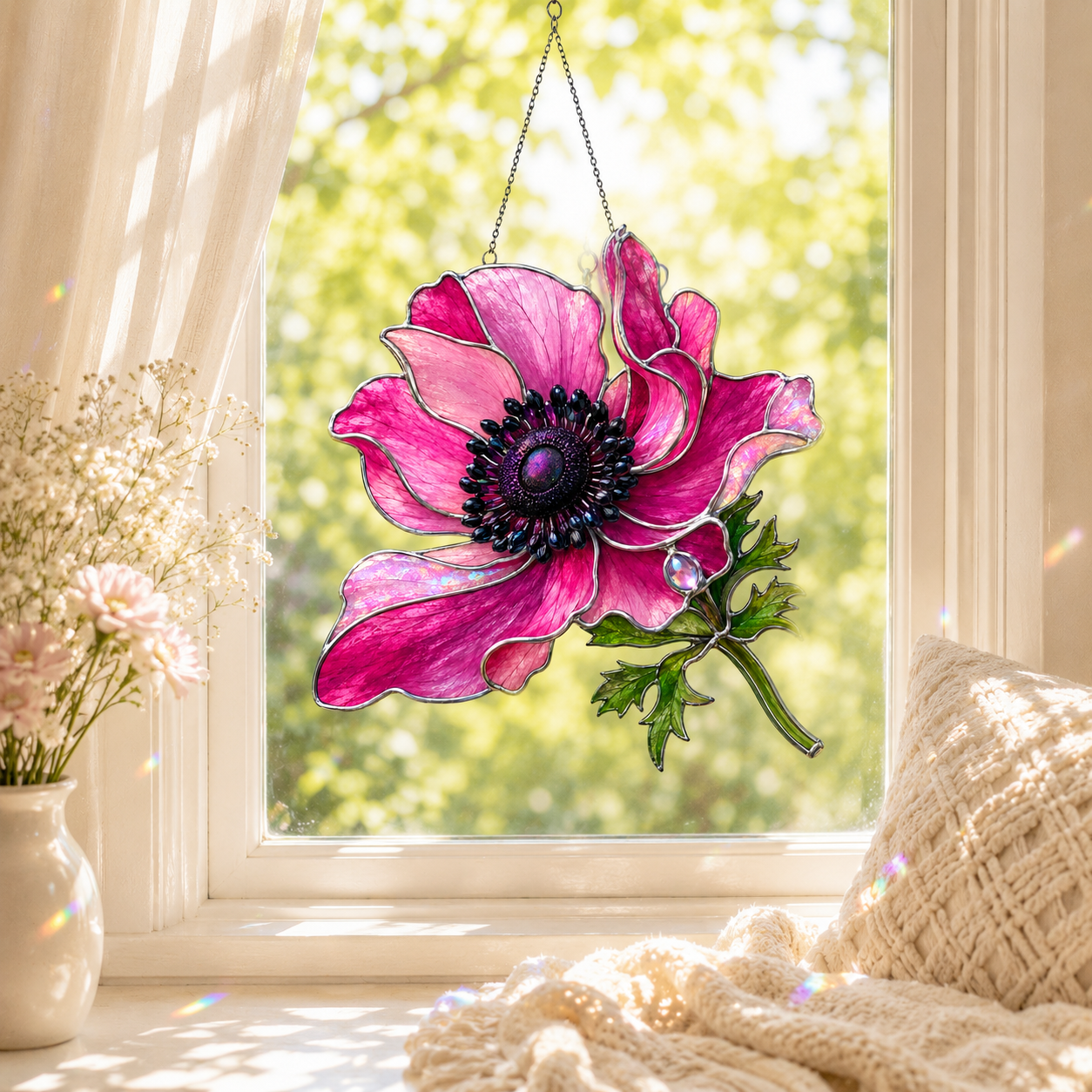 Pink Anemone Flower Holographic Acrylic Suncatcher