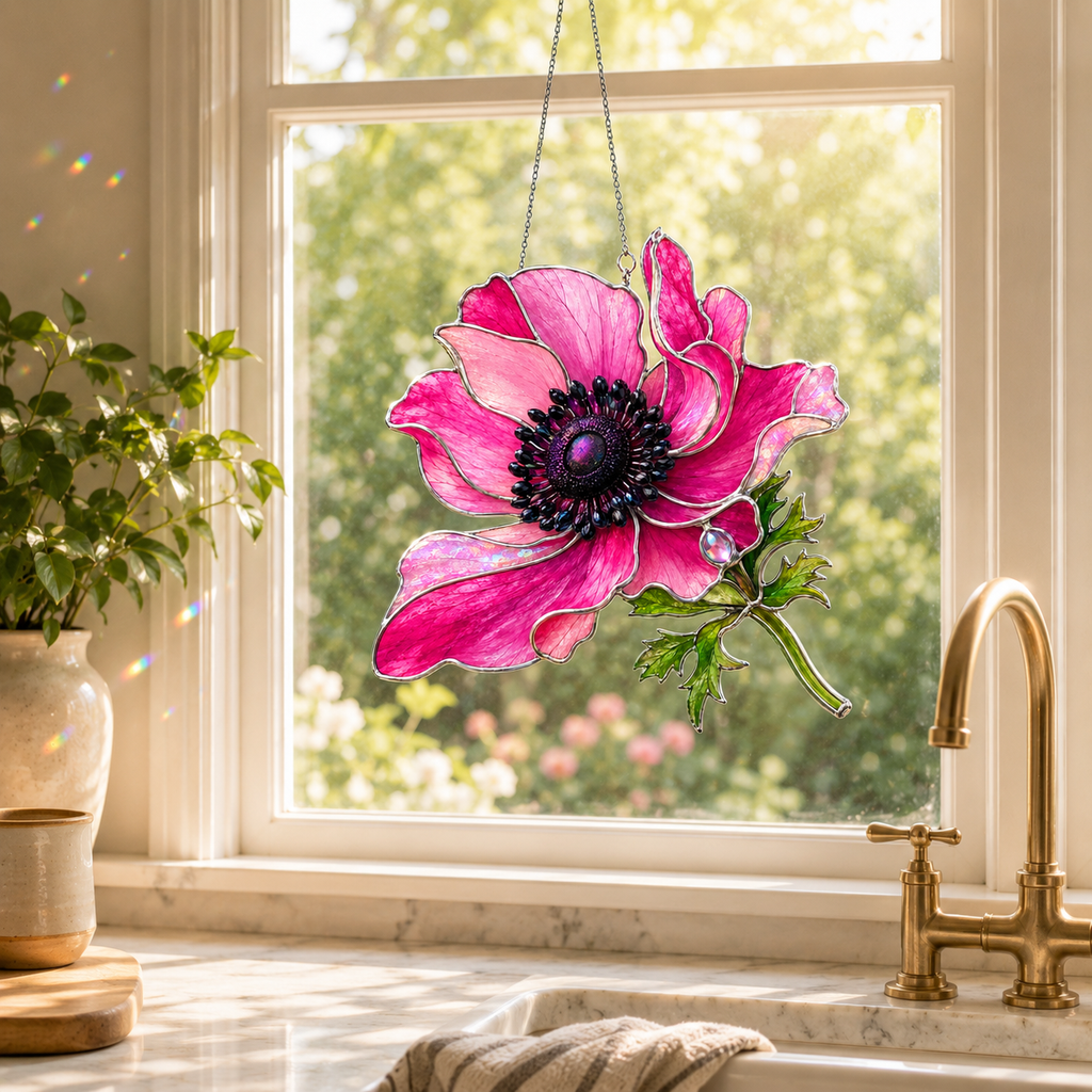 Pink Anemone Flower Holographic Acrylic Suncatcher