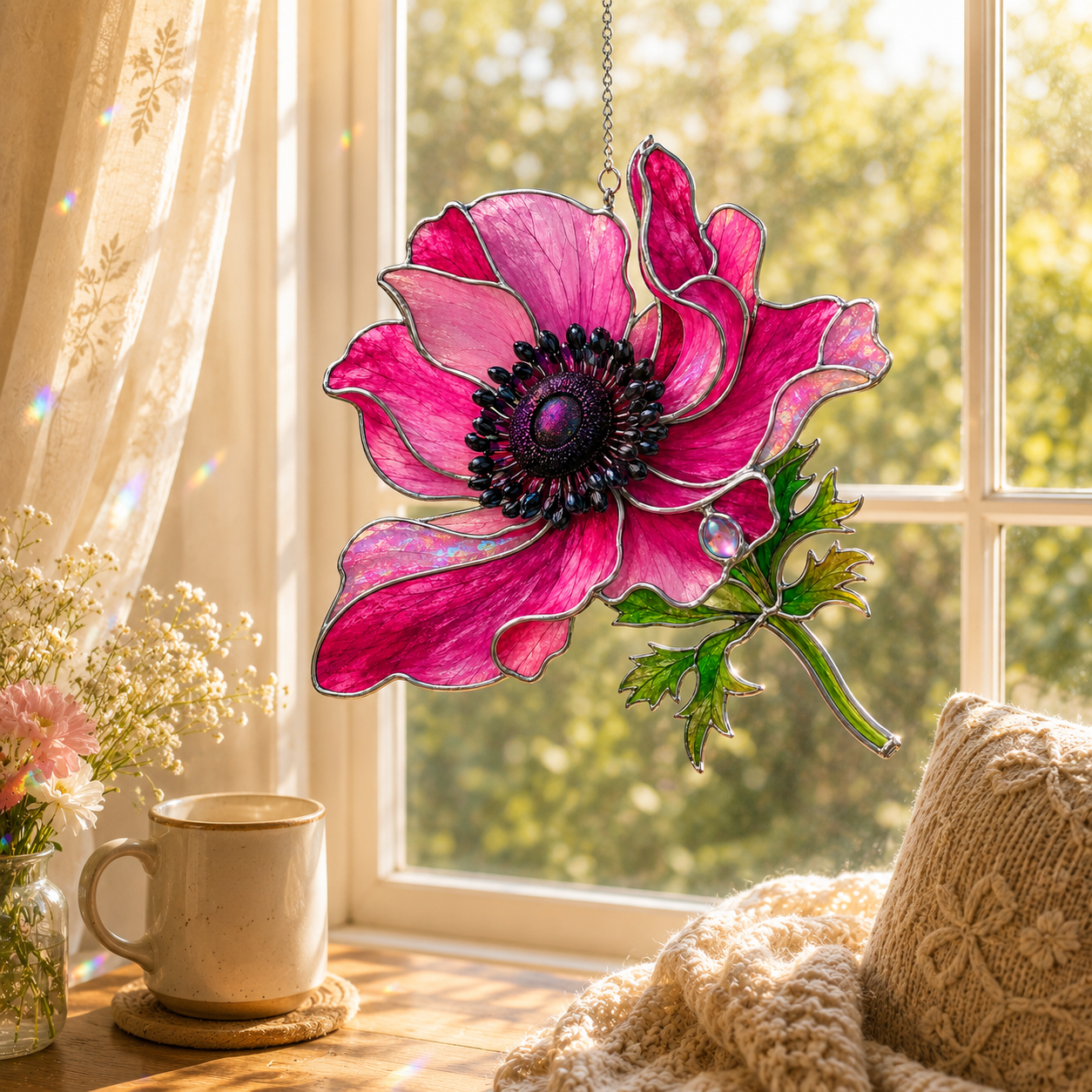 Pink Anemone Flower Holographic Acrylic Suncatcher