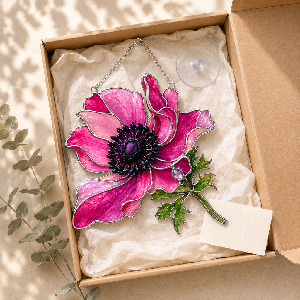 Pink Anemone Flower Holographic Acrylic Suncatcher