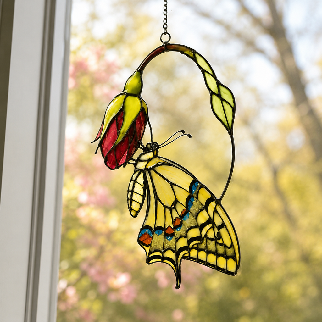 Swallowtail Butterfly & Pink Blossom Holographic Acrylic Suncatcher