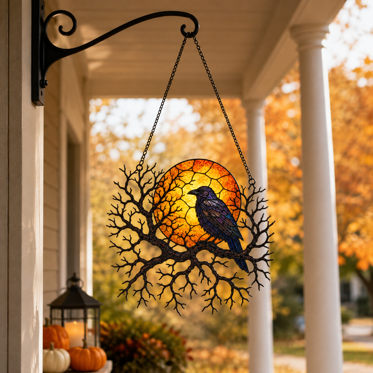 Raven on Branch with Harvest Moon Holographic Acrylic Suncatcher