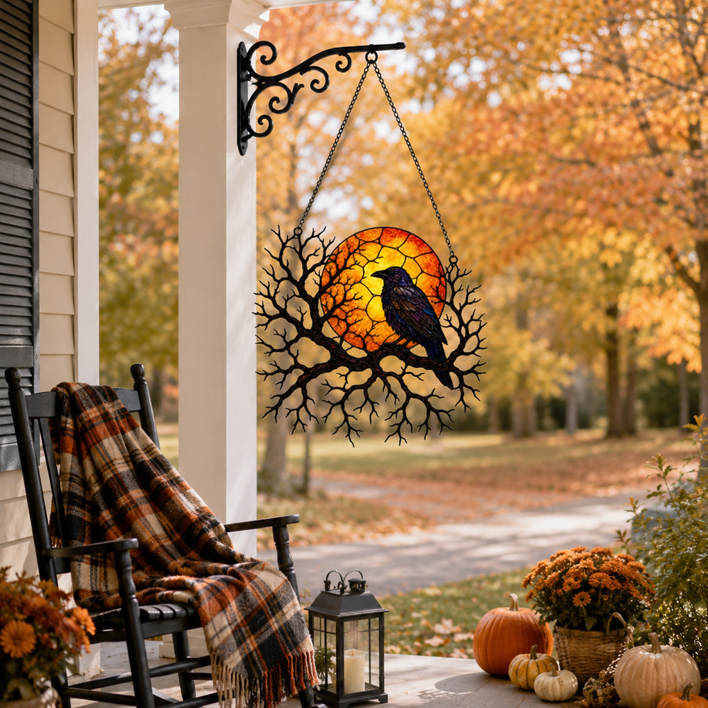 Raven on Branch with Harvest Moon Holographic Acrylic Suncatcher