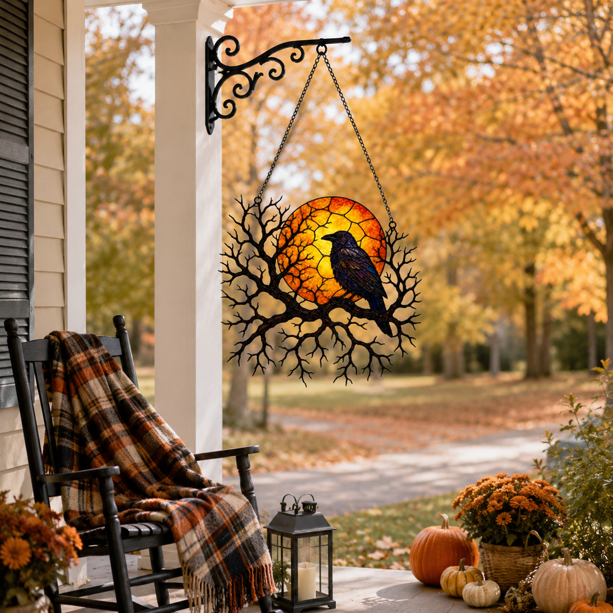 Raven on Branch with Harvest Moon Holographic Acrylic Suncatcher