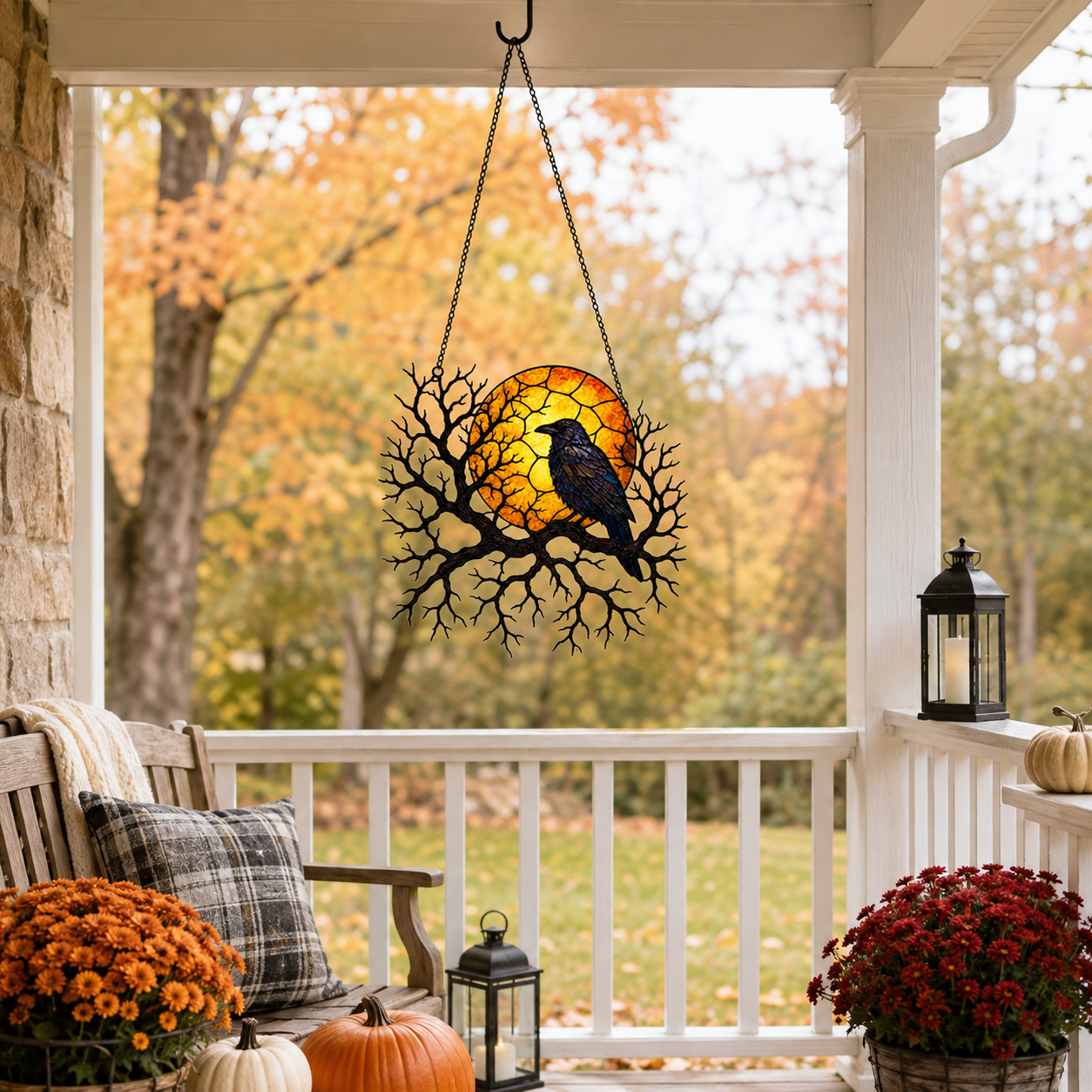 Raven on Branch with Harvest Moon Holographic Acrylic Suncatcher