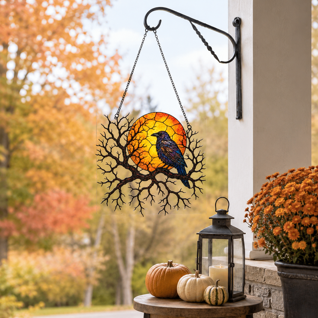 Raven on Branch with Harvest Moon Holographic Acrylic Suncatcher