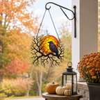 Raven on Branch with Harvest Moon Holographic Acrylic Suncatcher