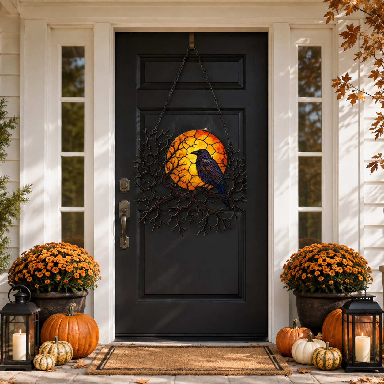 Raven on Branch with Harvest Moon Holographic Acrylic Suncatcher