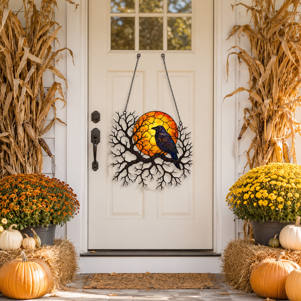 Raven on Branch with Harvest Moon Holographic Acrylic Suncatcher