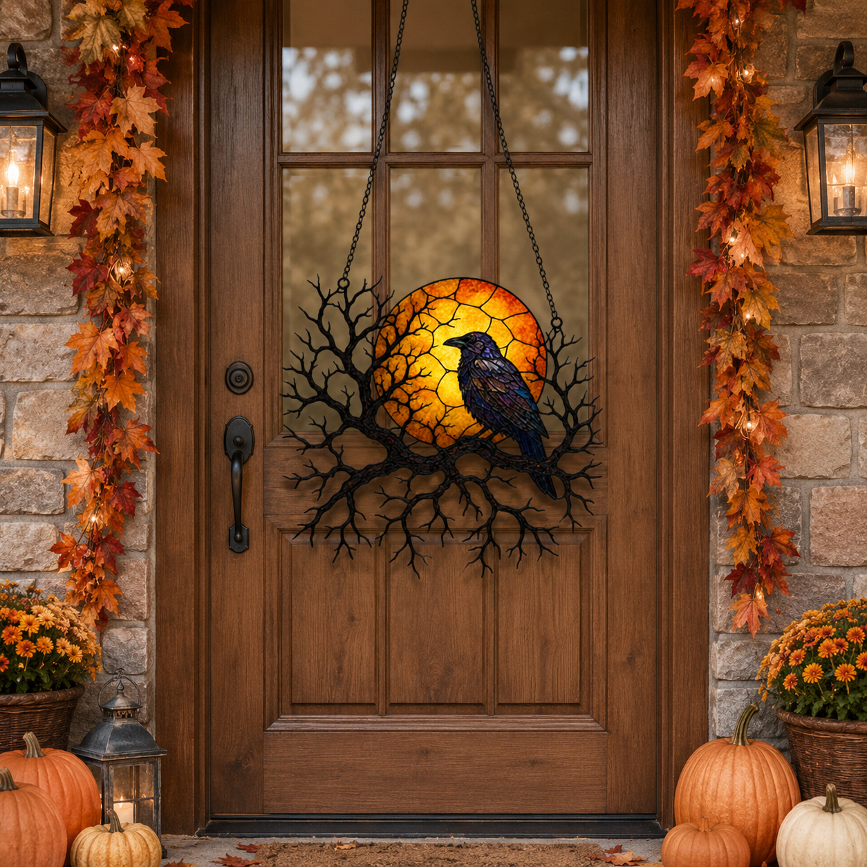 Raven on Branch with Harvest Moon Holographic Acrylic Suncatcher