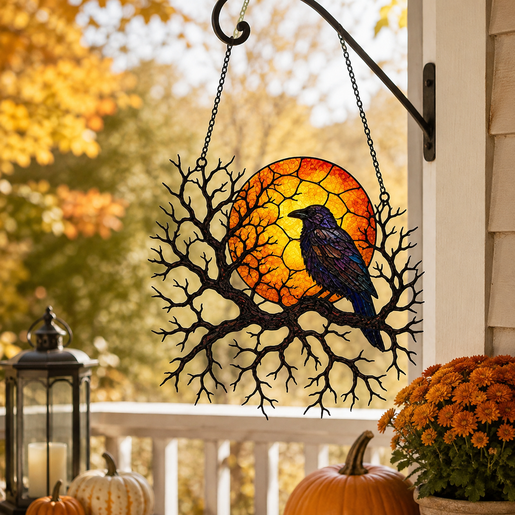 Raven on Branch with Harvest Moon Holographic Acrylic Suncatcher