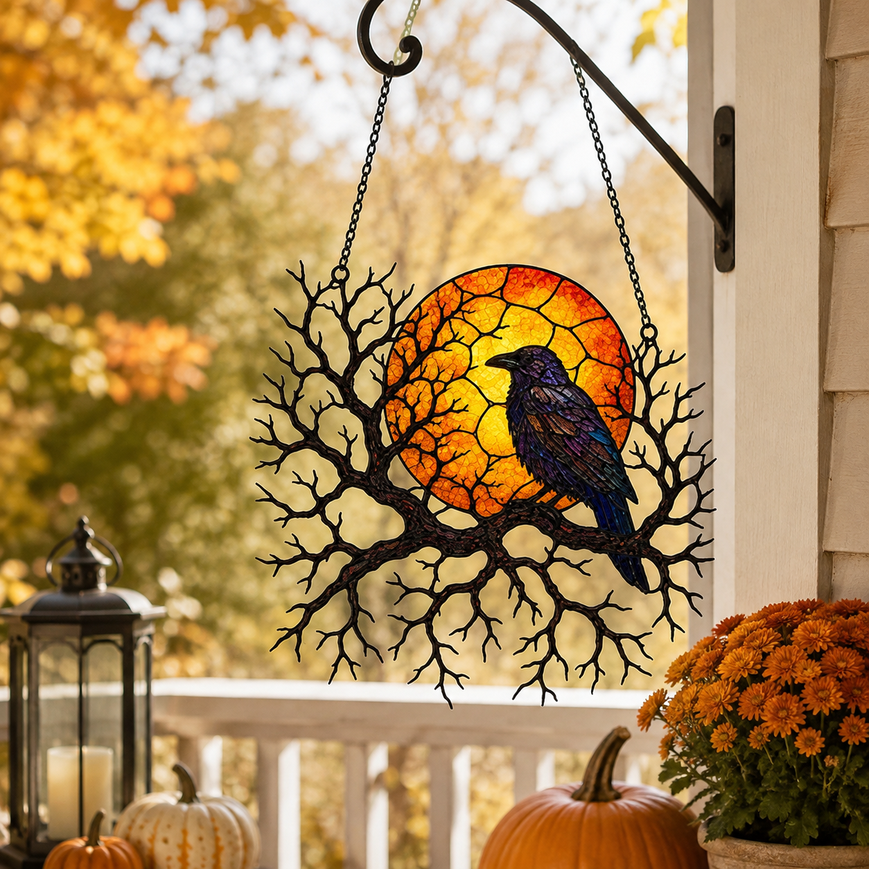 Raven on Branch with Harvest Moon Holographic Acrylic Suncatcher