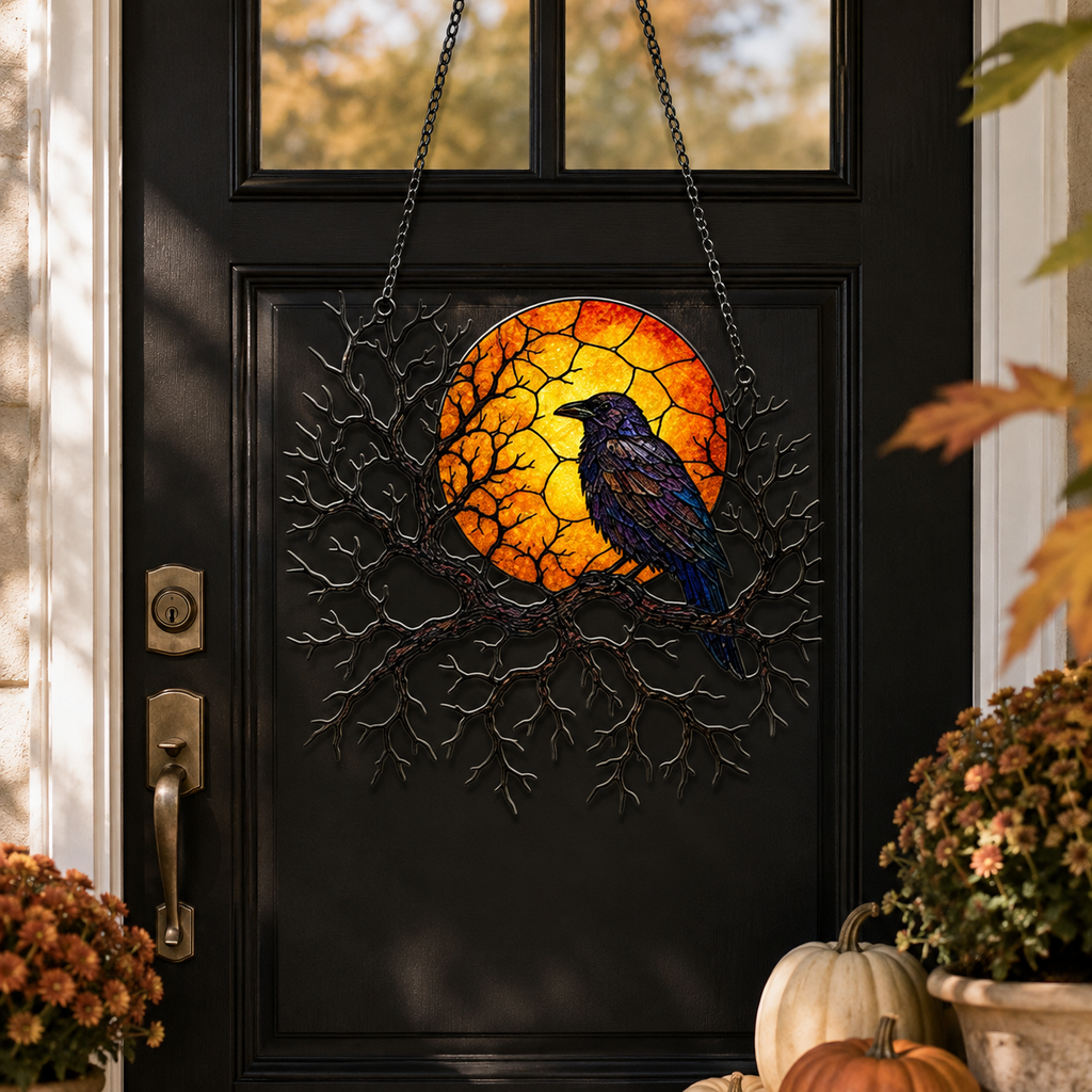 Raven on Branch with Harvest Moon Holographic Acrylic Suncatcher