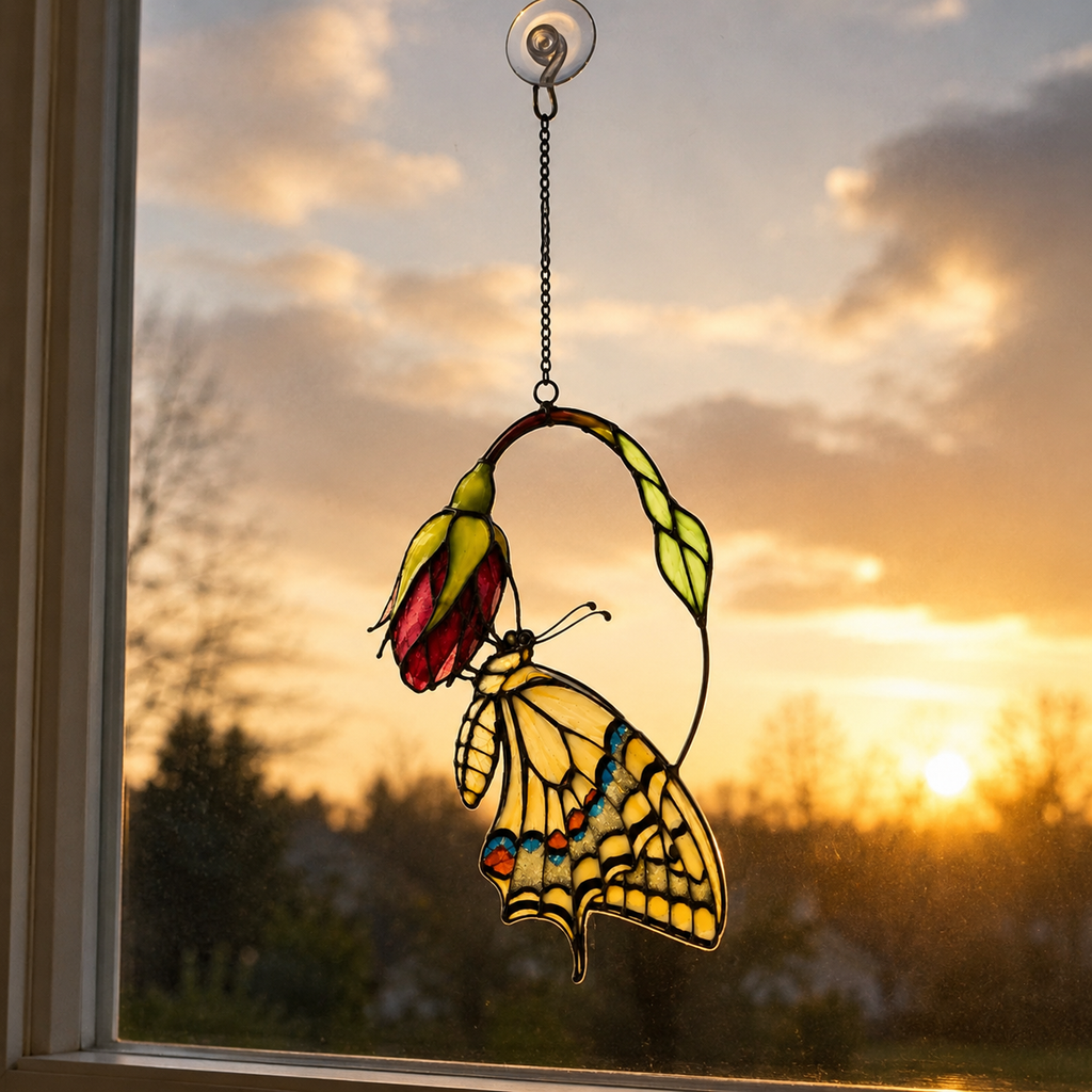 Swallowtail Butterfly & Pink Blossom Holographic Acrylic Suncatcher