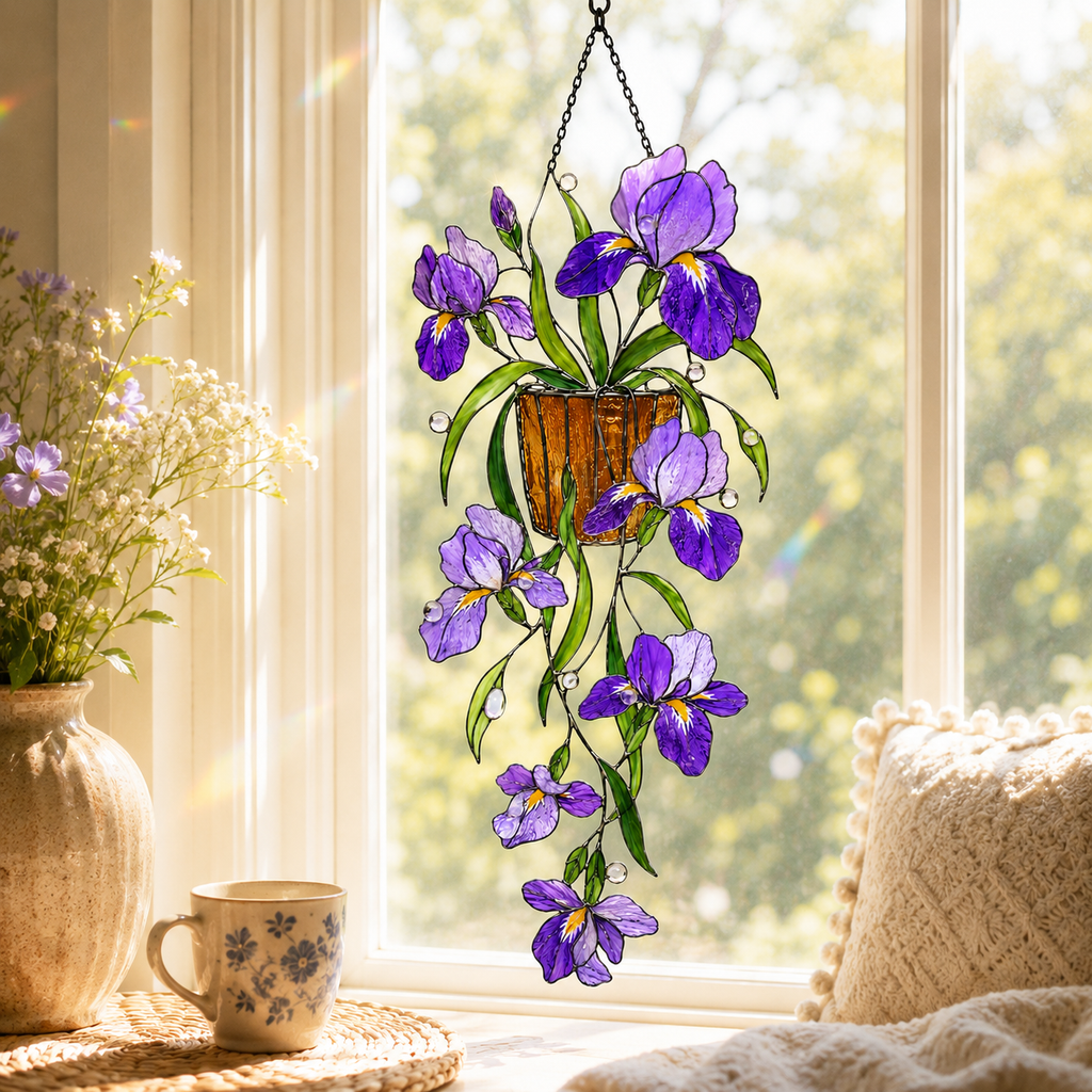 Purple Iris Hanging Basket Holographic Acrylic Suncatcher