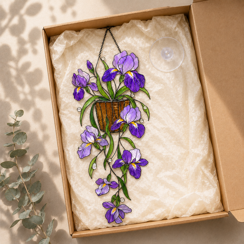 Purple Iris Hanging Basket Holographic Acrylic Suncatcher